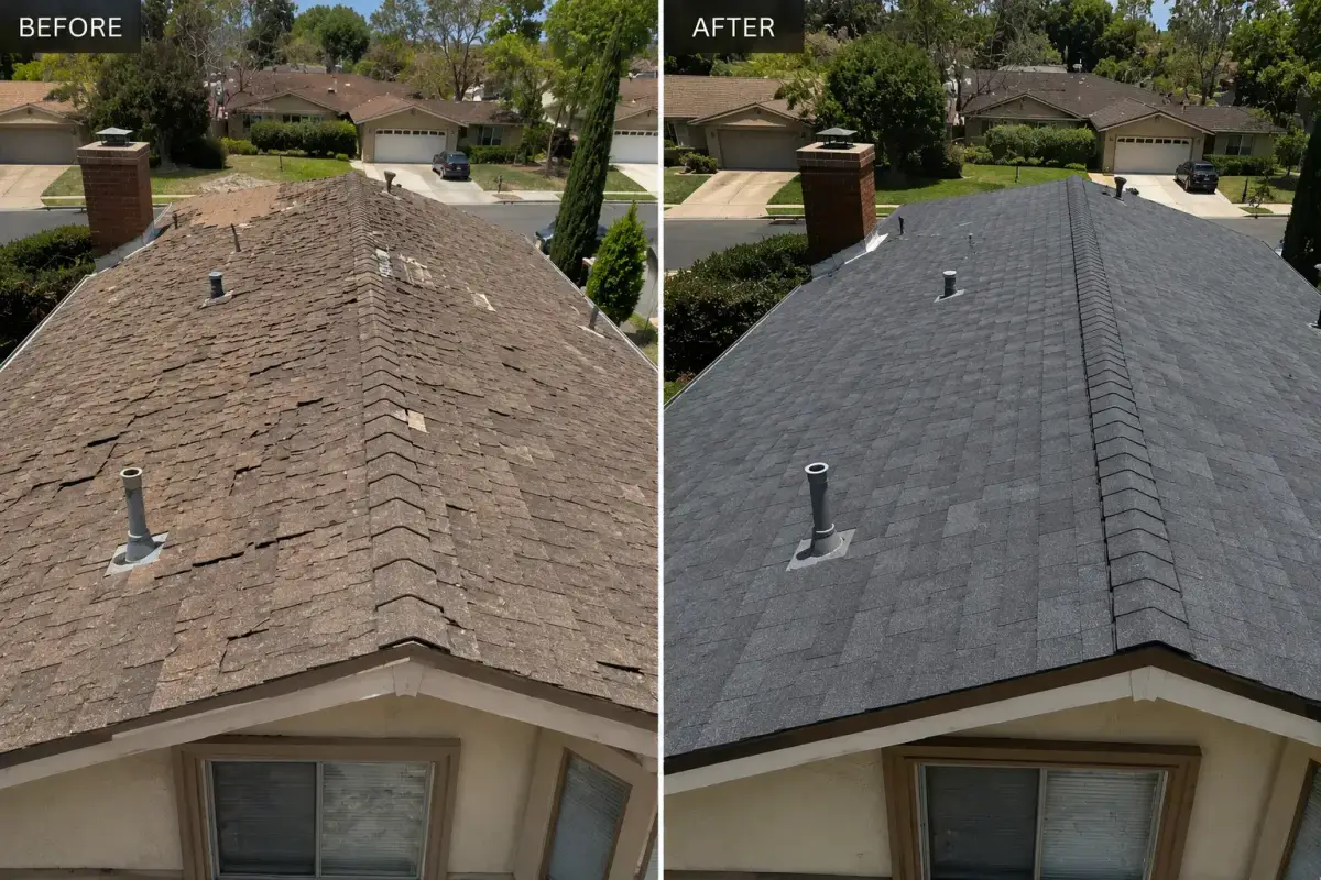 Before and after side-by-side: worn weathered brown shingle roof replaced with crisp new gray shingles on the same home