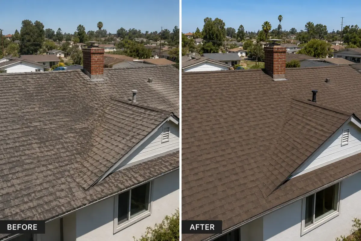 Before and after side-by-side: weathered tan shingles on a hip roof with brick chimney replaced with dark slate-gray shingles